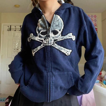 Women’s Skull Print Zipper Sweater Jacket – Warm Coral Fleece Coat