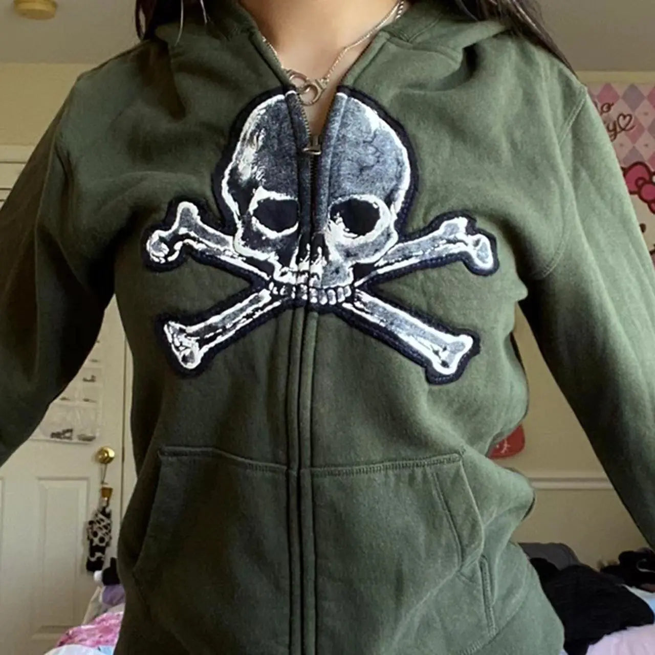 Women’s Skull Print Zipper Sweater Jacket – Warm Coral Fleece Coat