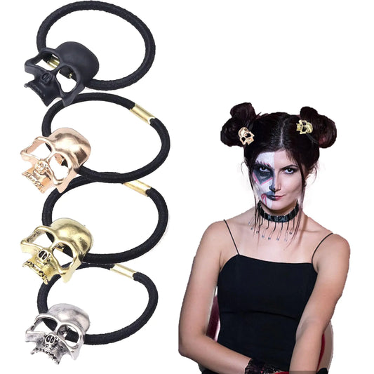 Halloween Skull Hair Ties for Thin Thick Hair4Pcs Metal Skull Black Hair Elastics Scrunchies No Damage Hair Ropes Ponytail Holders Gothic Halloween Hair Accessories for Womens Girls Cosplay Costume