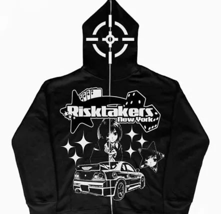 One Piece Anime Girl Print Zip Hoodie – Gothic Black Streetwear for Men & Women