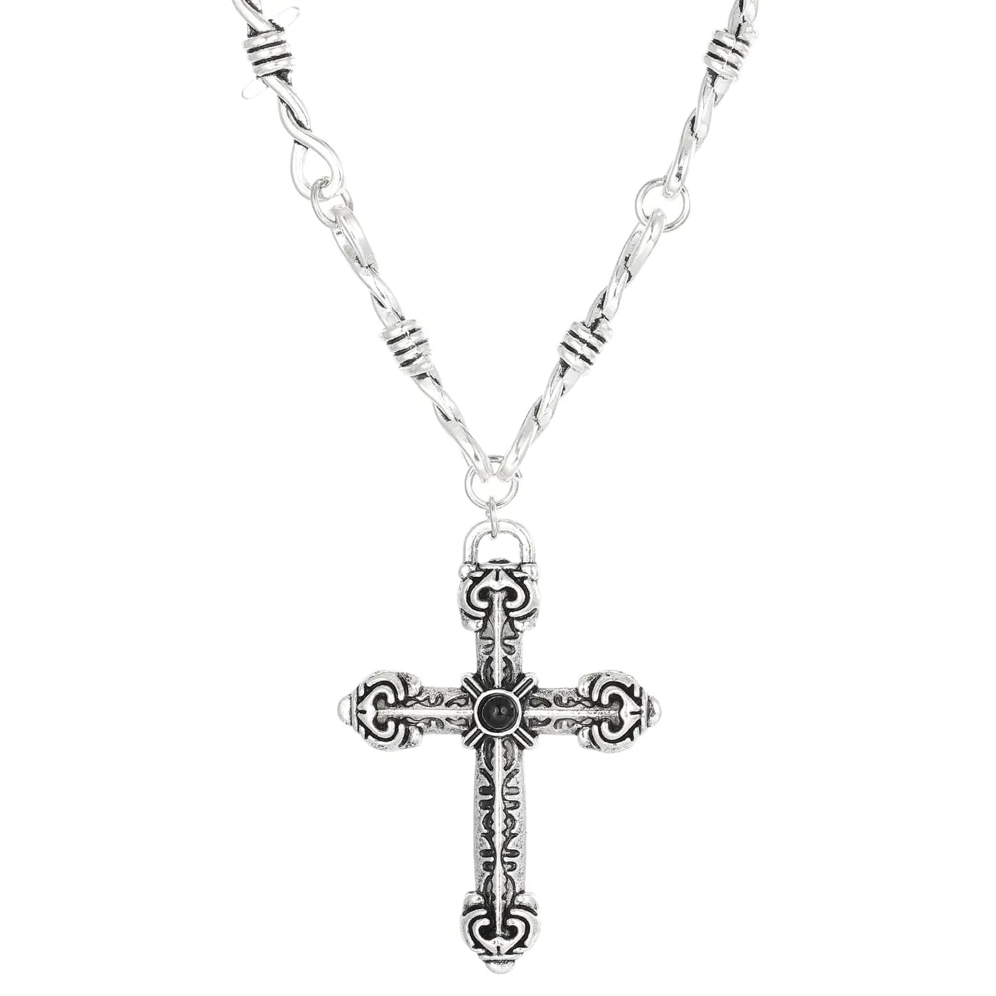Unisex Gothic Barbed Wire Chain Necklace - Punk Antique Silver Color Cross Pendant Choker Necklaces Accessories Jewelry Gift for Women Men