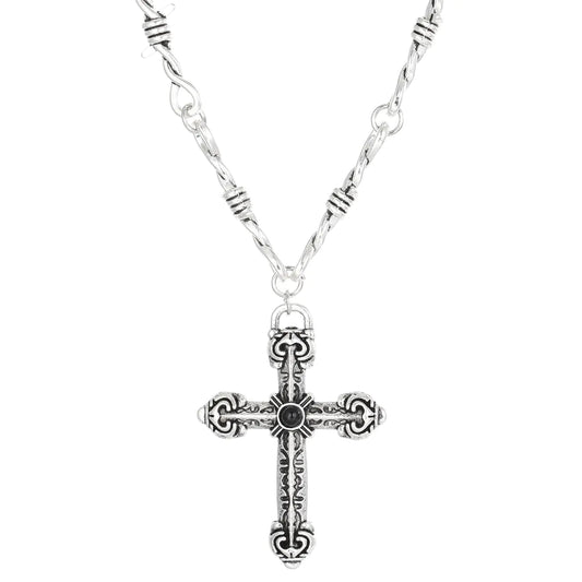 Unisex Gothic Barbed Wire Chain Necklace - Punk Antique Silver Color Cross Pendant Choker Necklaces Accessories Jewelry Gift for Women Men