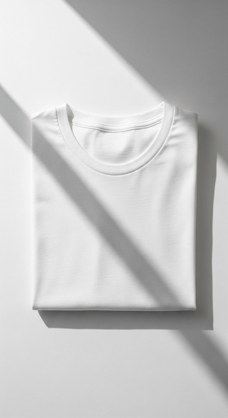 Folded white organic cotton tee in soft window light