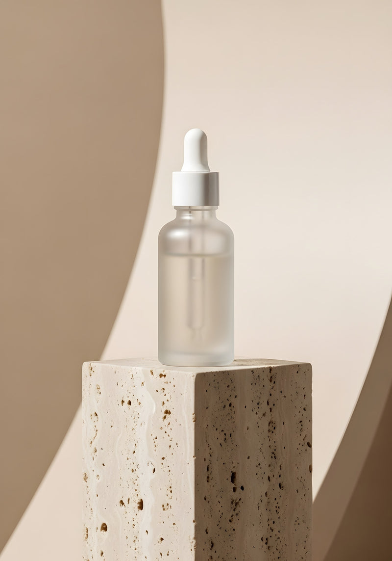 Frosted glass dropper bottle on travertine stone