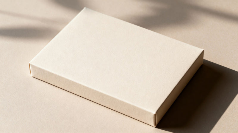 Minimal beige gift box with soft botanical shadows