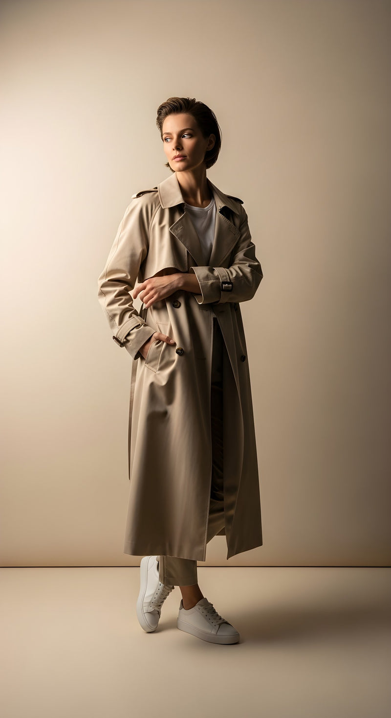 Neutral double-faced wool coat on a cream studio backdrop
