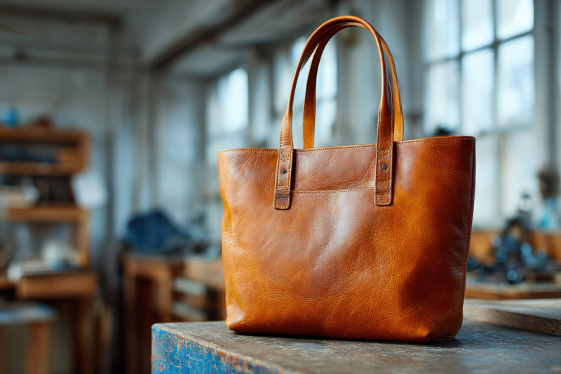 Tan vegetable-tanned leather tote in soft daylight